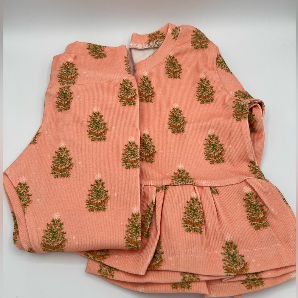 Girls Pink Christmas Tree Peplum Top and Leggings Set 2T